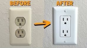 Old house receptacles versus new Decora plugs.